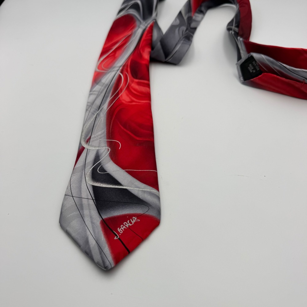 J. Garcia Blue Fan Collector's Edition Red Grey Abstract Silk Necktie Mens